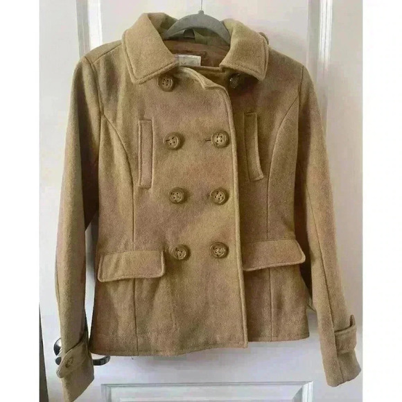 American Eagle Coat Women's Size Small Tan Wool Blend Pea Jacket hooded linedAEO - Picture 1 of 7